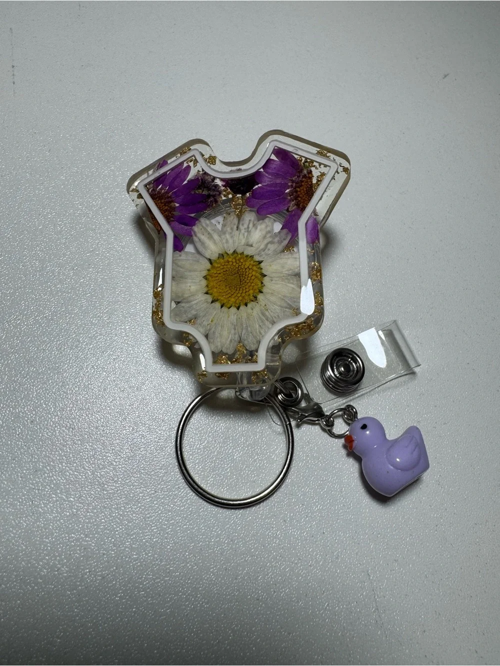 Handmade Purple Floral Resin Keychain with Duck Charm